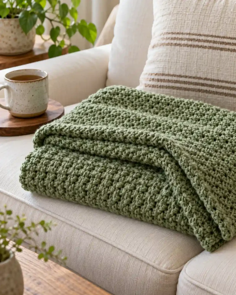 Simple Moss-Stitch Crochet Lapghan showing subtle neat pebble-like moss stitch detail.