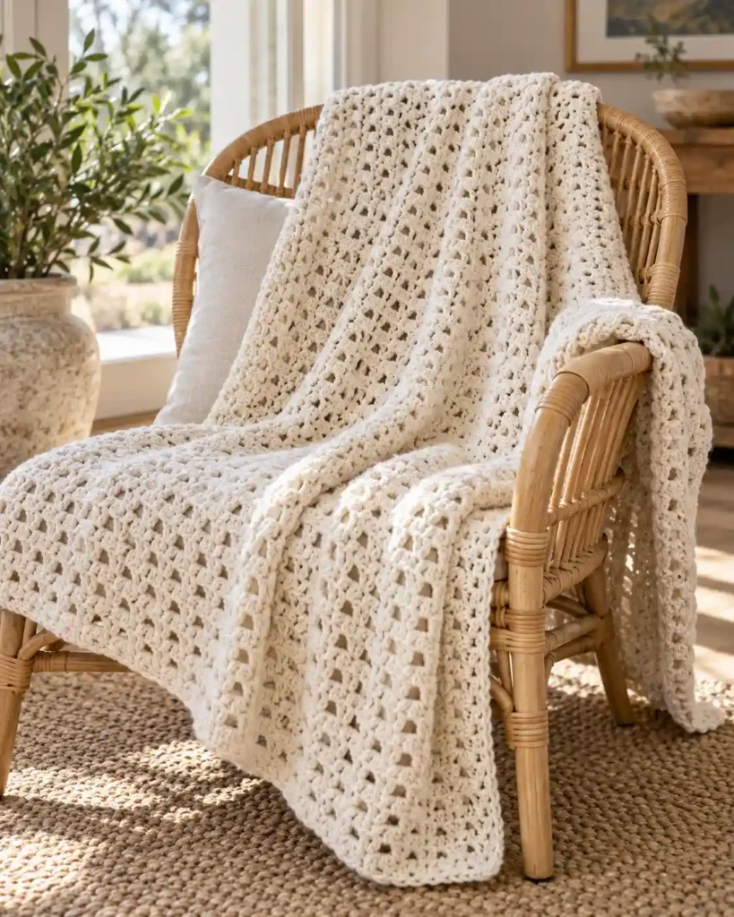 Airy V-Stitch Crochet Lap Blanket showing open V-shaped stitch spaces and light drape.