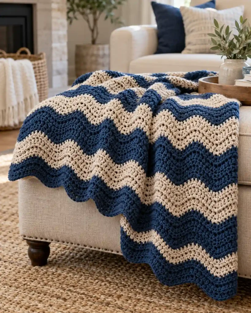 Easy Ripple-Stitch Lapghan showing readable wave rows with contrasting color changes.