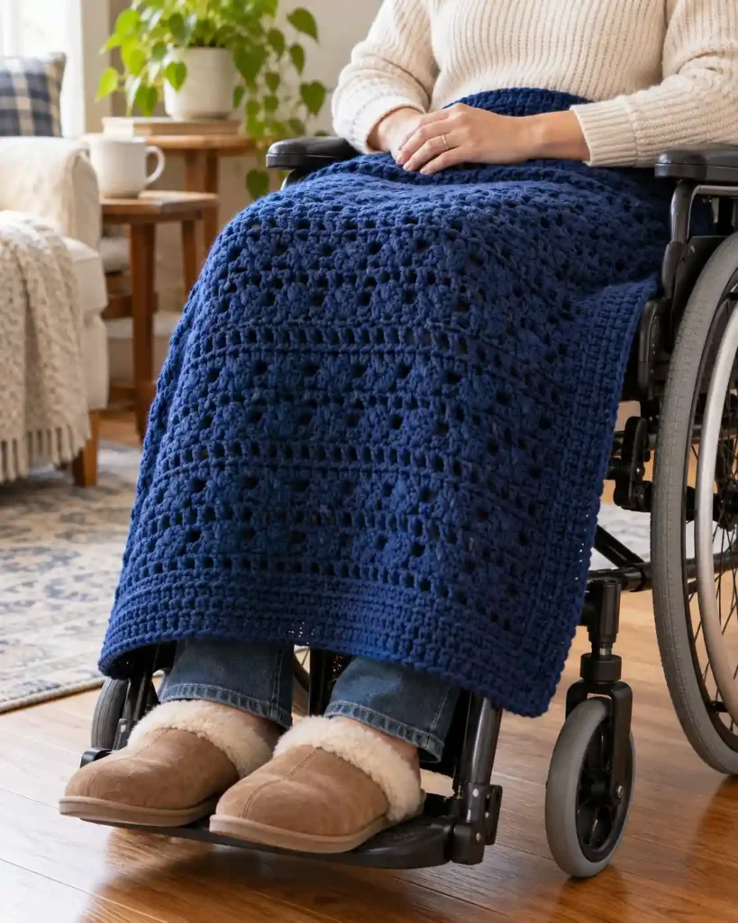 Practical Wheelchair Lap Blanket showing accessible seated-use context without unsafe dangling trim.