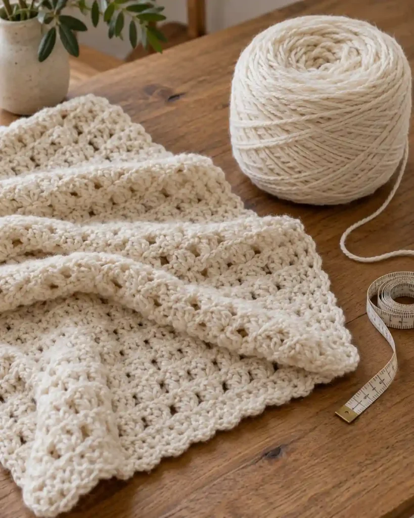 Small One-Skein Crochet Lap Blanket showing honest yardage constraint illustrated with one large cake.
