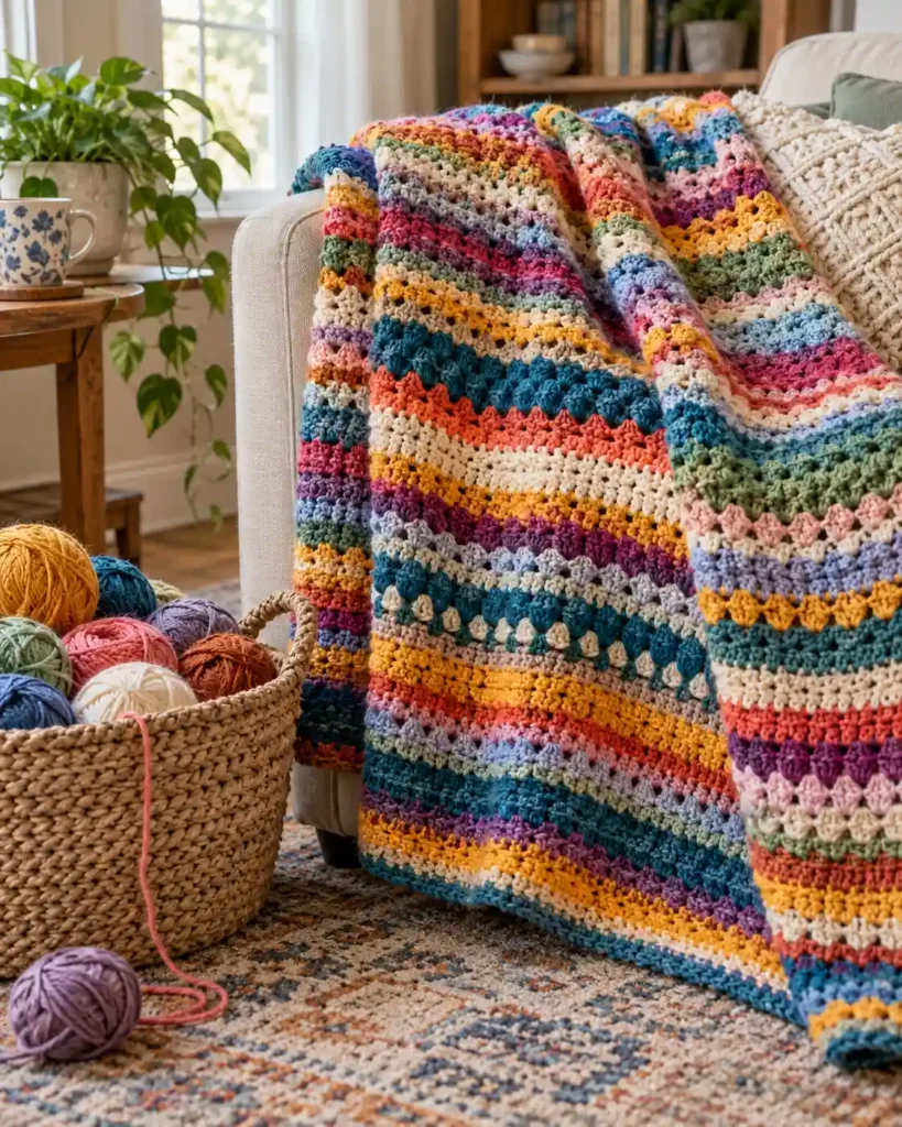 Scrap-Yarn Stash-Buster Lapghan showing visible stash yarn reuse with consistent stitch texture.