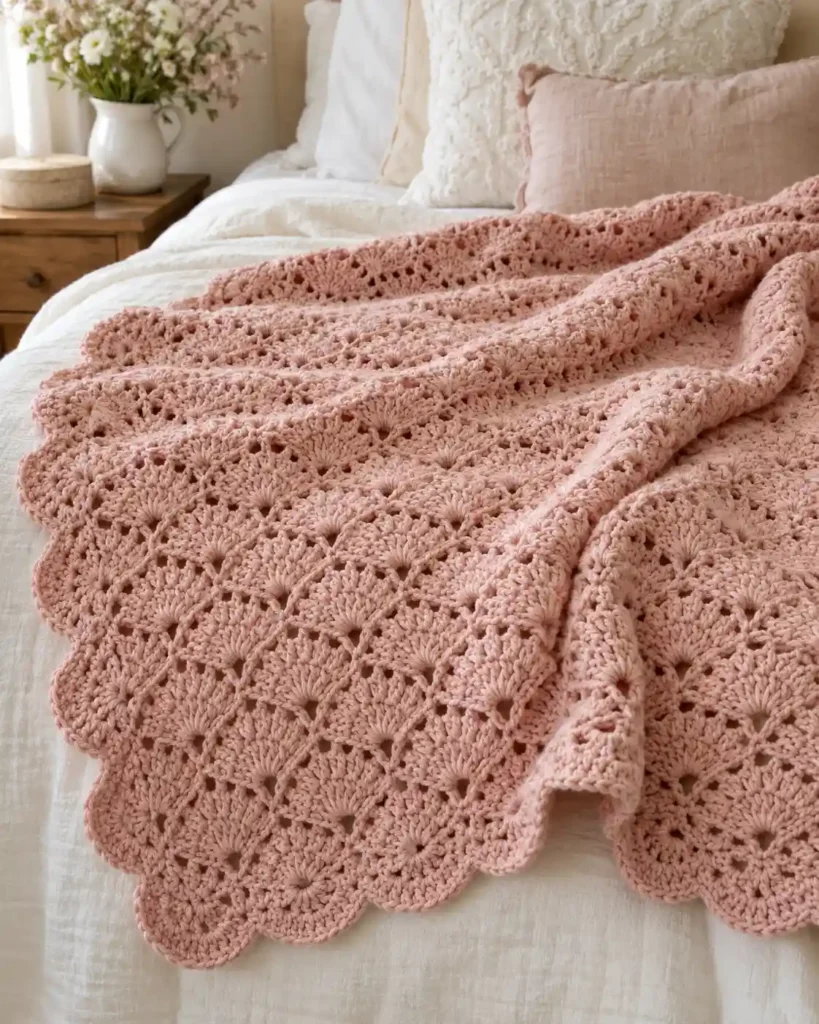 Shell-Stitch Crochet Lap Blanket showing obvious shell/fan stitch repeats and delicate edging.