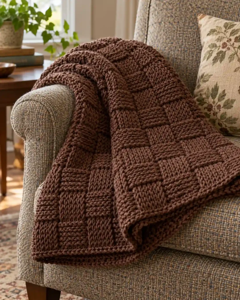 Basketweave-Stitch Lapghan showing dimensional woven-looking basketweave stitch.
