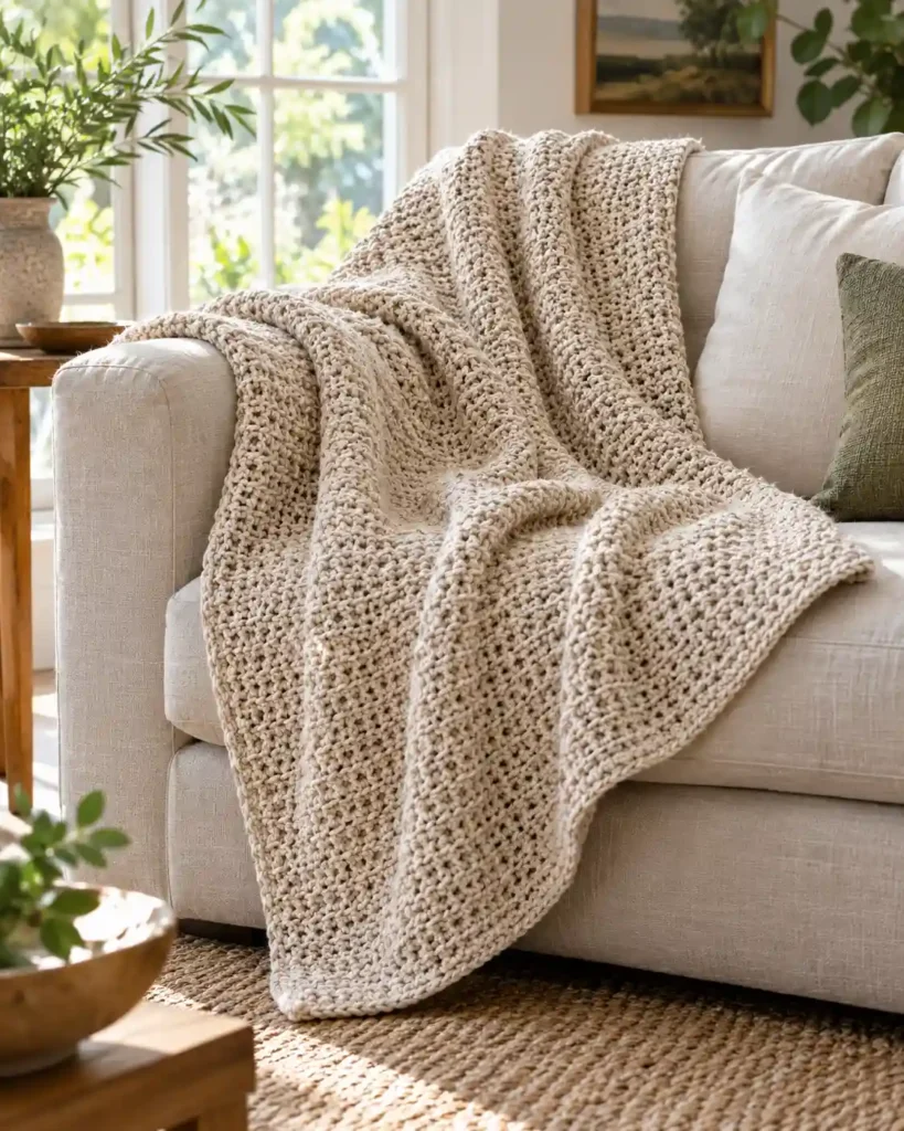 Lightweight Linen-Stitch Summer Lapghan showing breathable summer-weight fabric and subtle linen texture.