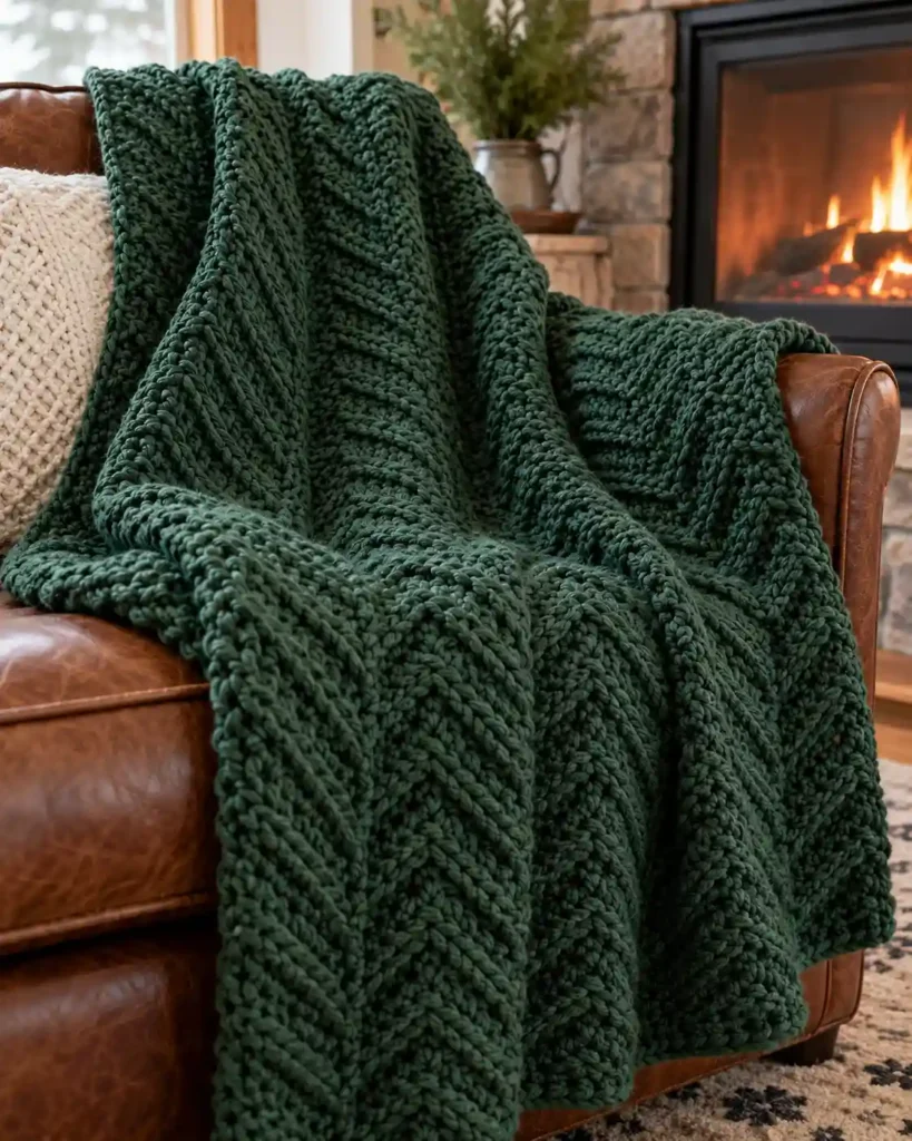 Alpine-Stitch Cozy Lap Blanket showing alpine-stitch relief pattern and rich winter texture.