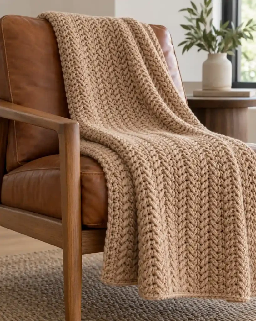 Herringbone Half-Double Crochet Lapghan showing sleek diagonal herringbone stitch definition.