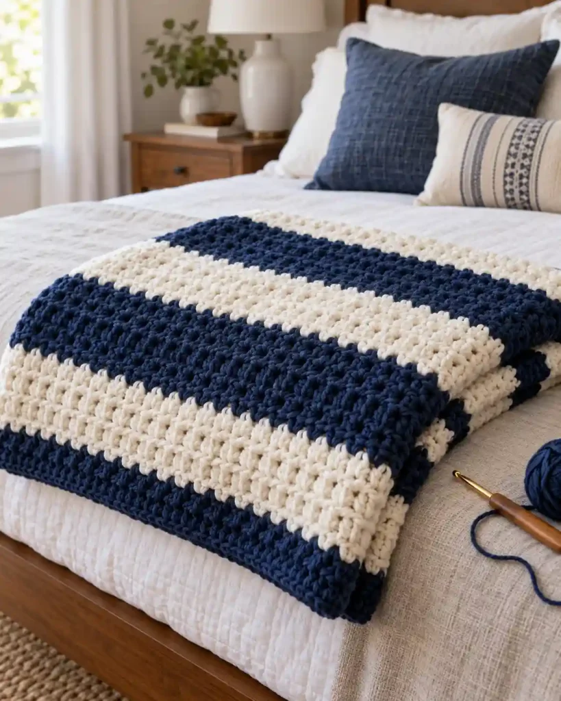 Classic Double-Crochet Striped Lapghan showing basic double-crochet rows with bold clean stripes.