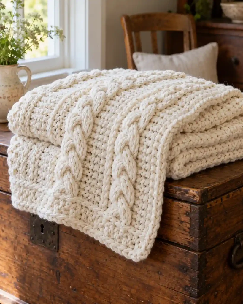 Braided-Stitch Lap Blanket showing refined braided stitch texture for elevated decor.