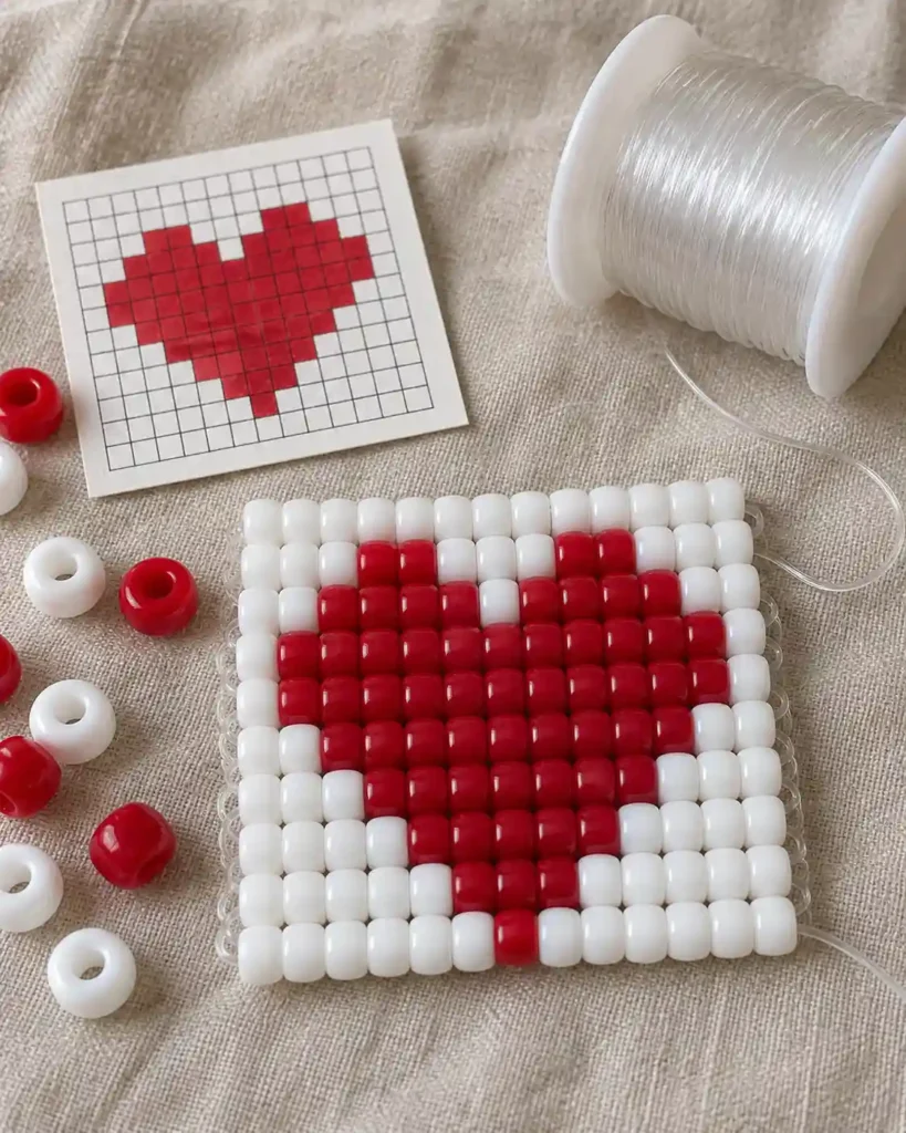 Handmade pony bead tapestry showing symmetrical pixel heart with contrasting border in a flat pixel-grid panel.