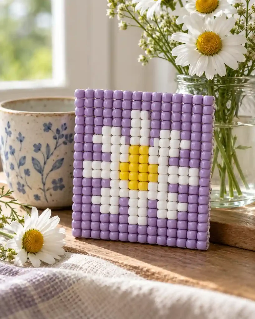 Handmade pony bead tapestry showing white daisy on a lavender panel in a flat pixel-grid panel.