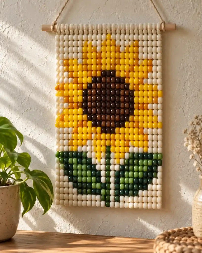 Handmade pony bead tapestry showing sunflower with contrasting center and leaves in a flat pixel-grid panel.