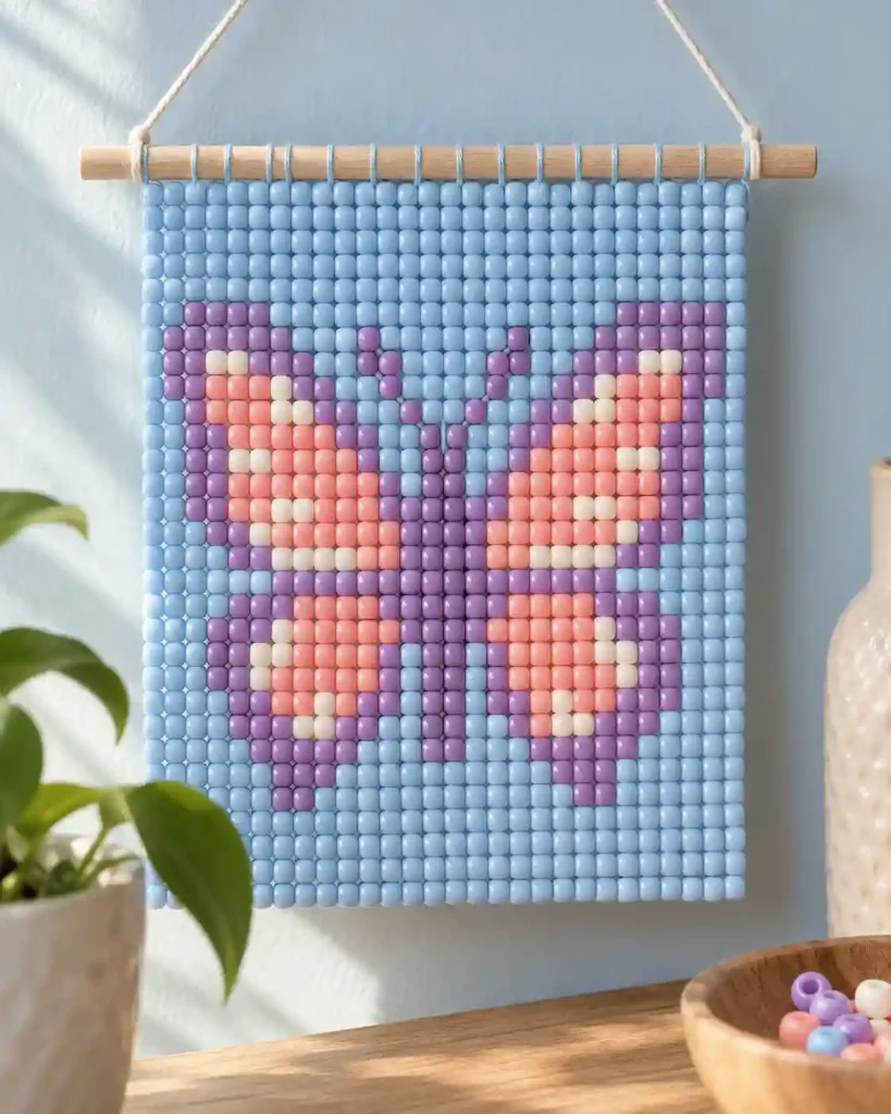 Handmade pony bead tapestry showing mirrored pastel butterfly silhouette in a flat pixel-grid panel.