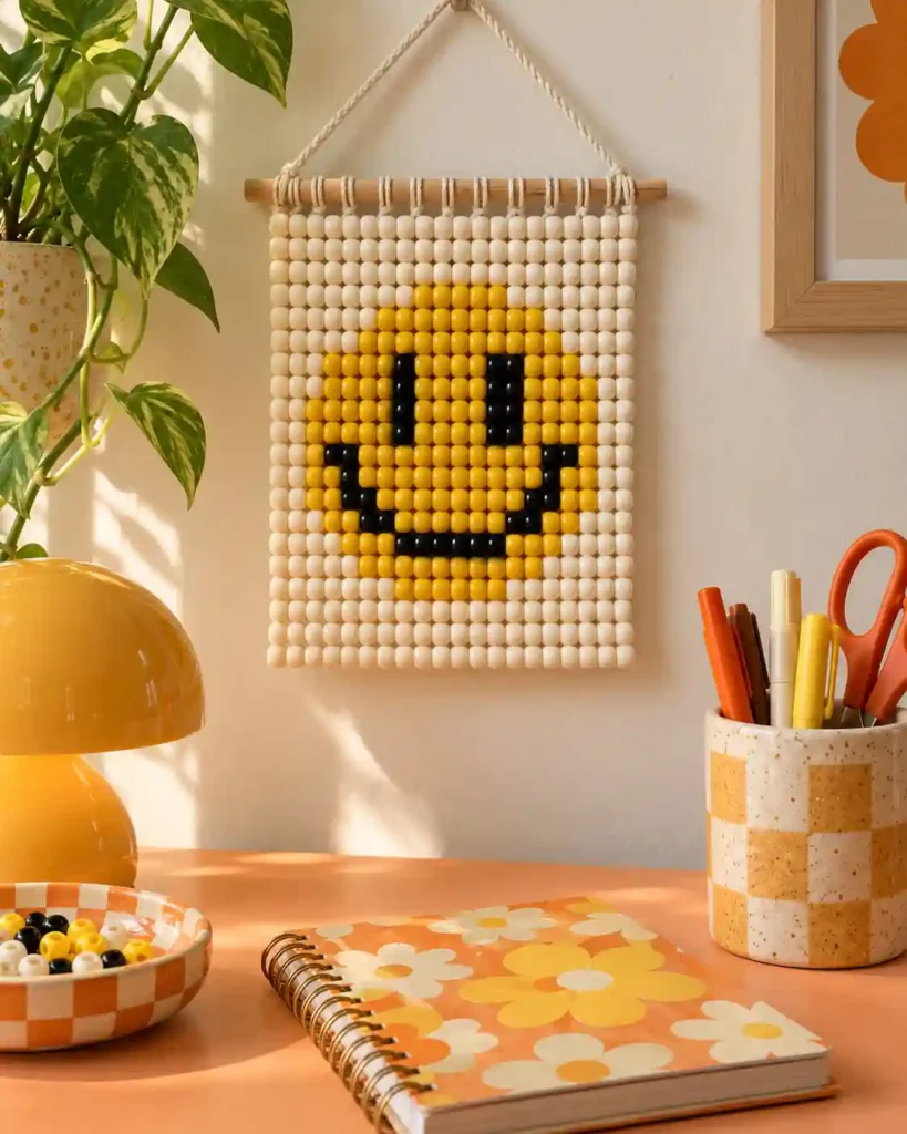 Handmade pony bead tapestry showing bright round smiley on pale ground in a flat pixel-grid panel.