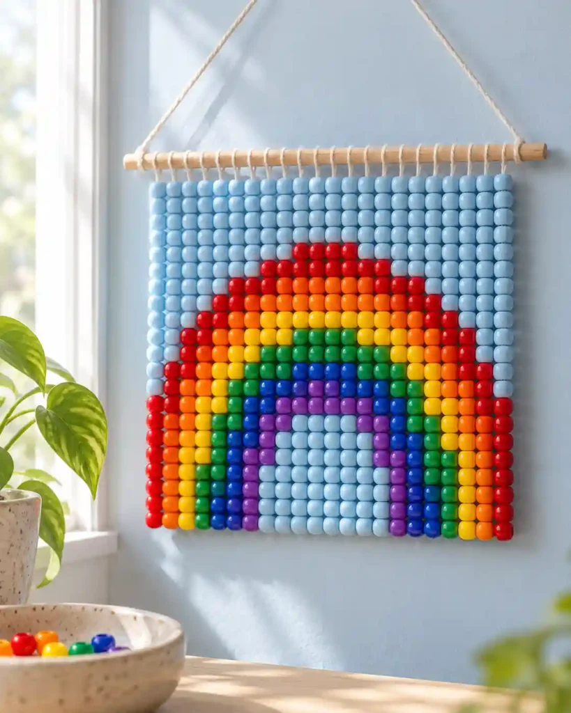 Handmade pony bead tapestry showing rounded rainbow arc with neat colored bands in a flat pixel-grid panel.