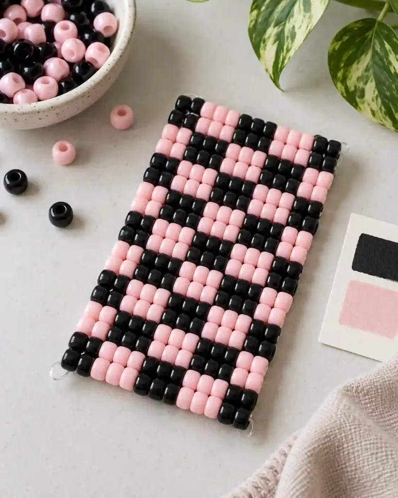 Handmade pony bead tapestry showing geometric pink checkerboard panel in a flat pixel-grid panel.