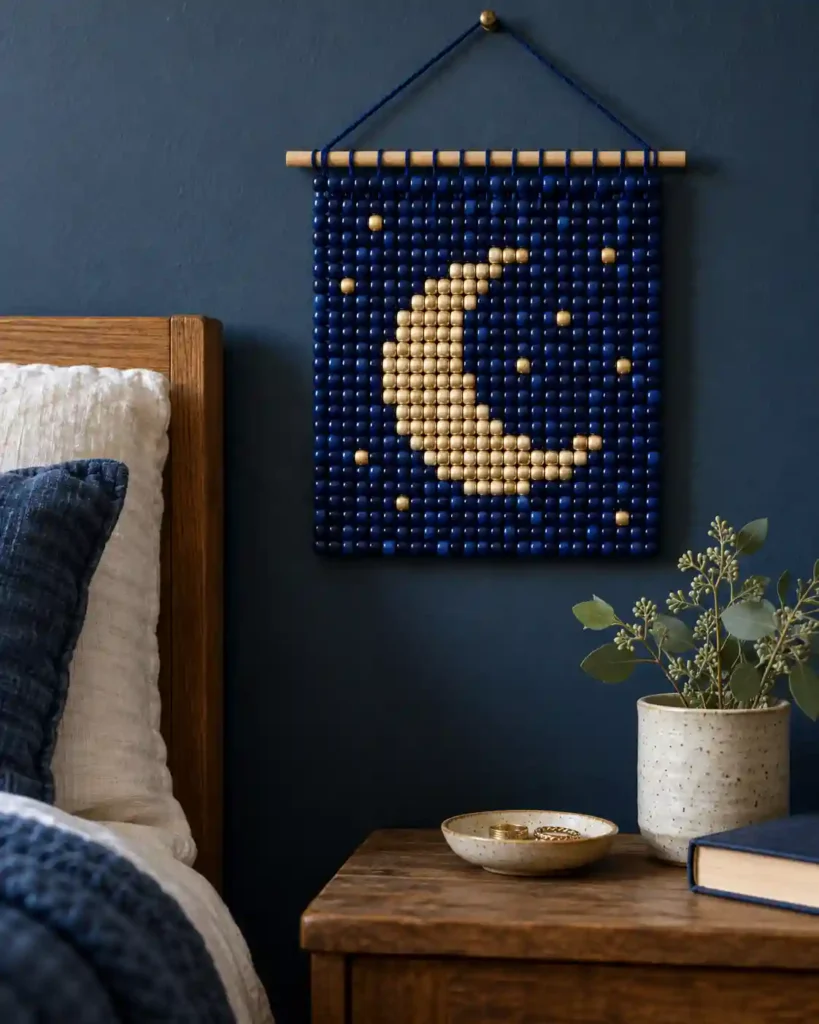 Handmade pony bead tapestry showing luminous crescent moon on dark field in a flat pixel-grid panel.