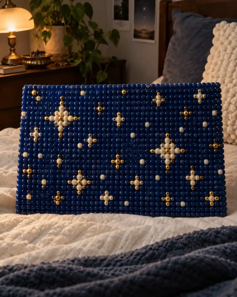 Handmade pony bead tapestry showing scattered stars against blue background in a flat pixel-grid panel.