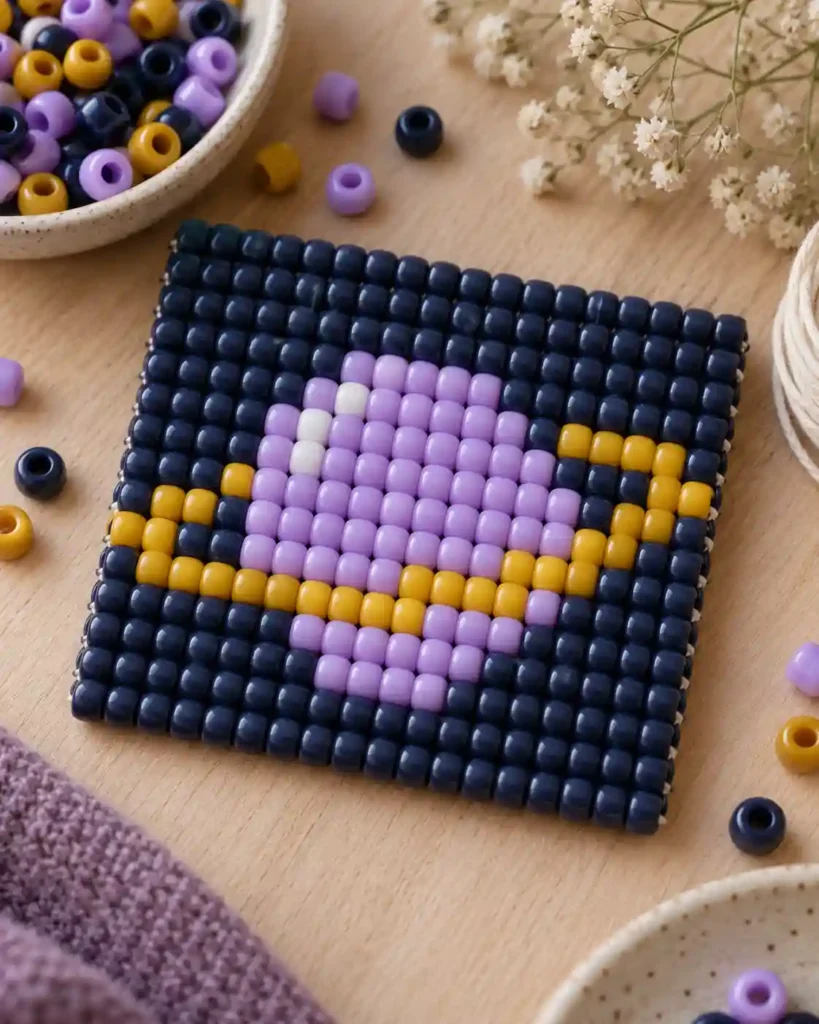 Handmade pony bead tapestry showing ringed saturn with clean pixel edges in a flat pixel-grid panel.