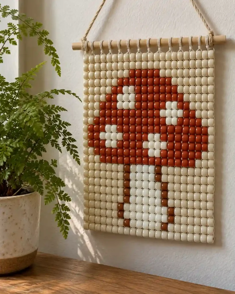 Handmade pony bead tapestry showing spotted woodland mushroom motif in a flat pixel-grid panel.