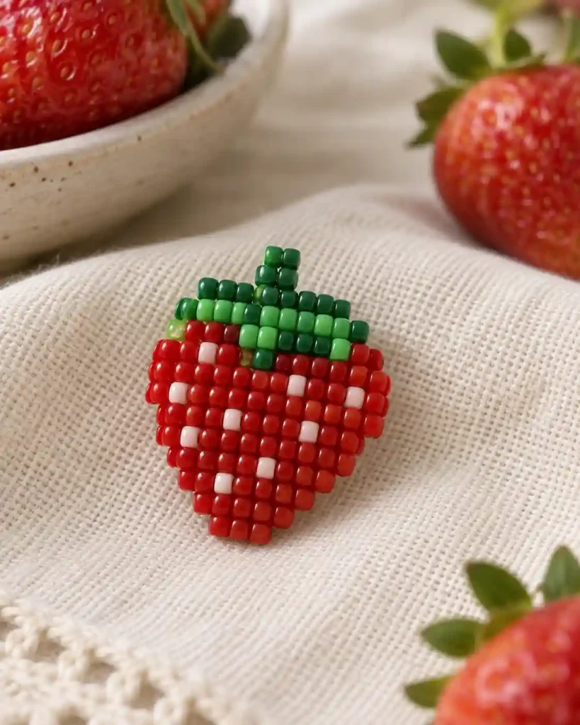 Handmade pony bead tapestry showing bright berry with green leafy crown in a flat pixel-grid panel.