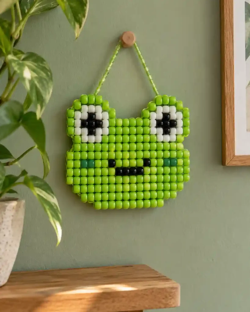 Handmade pony bead tapestry showing square smiling frog face in a flat pixel-grid panel.