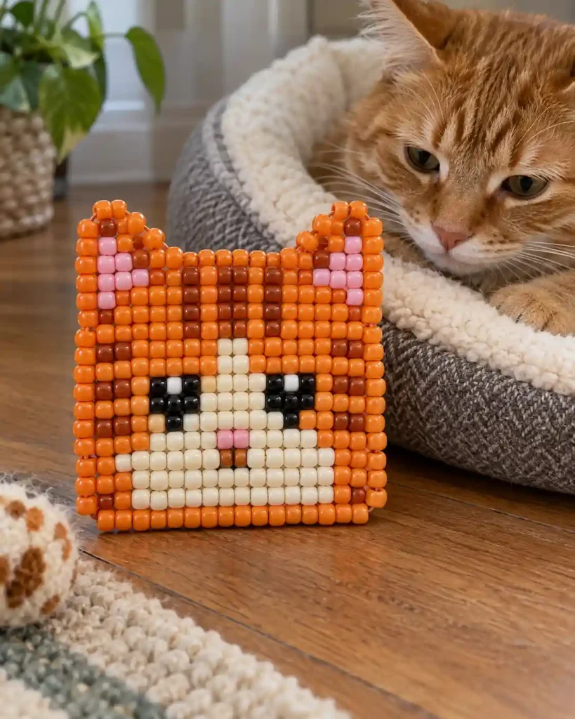 Handmade pony bead tapestry showing friendly orange cat portrait in a flat pixel-grid panel.