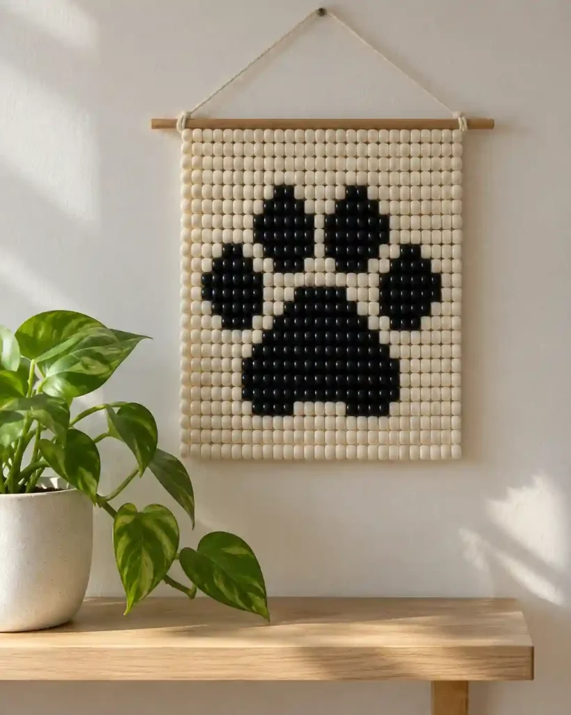 Handmade pony bead tapestry showing bold contrasting paw print in a flat pixel-grid panel.