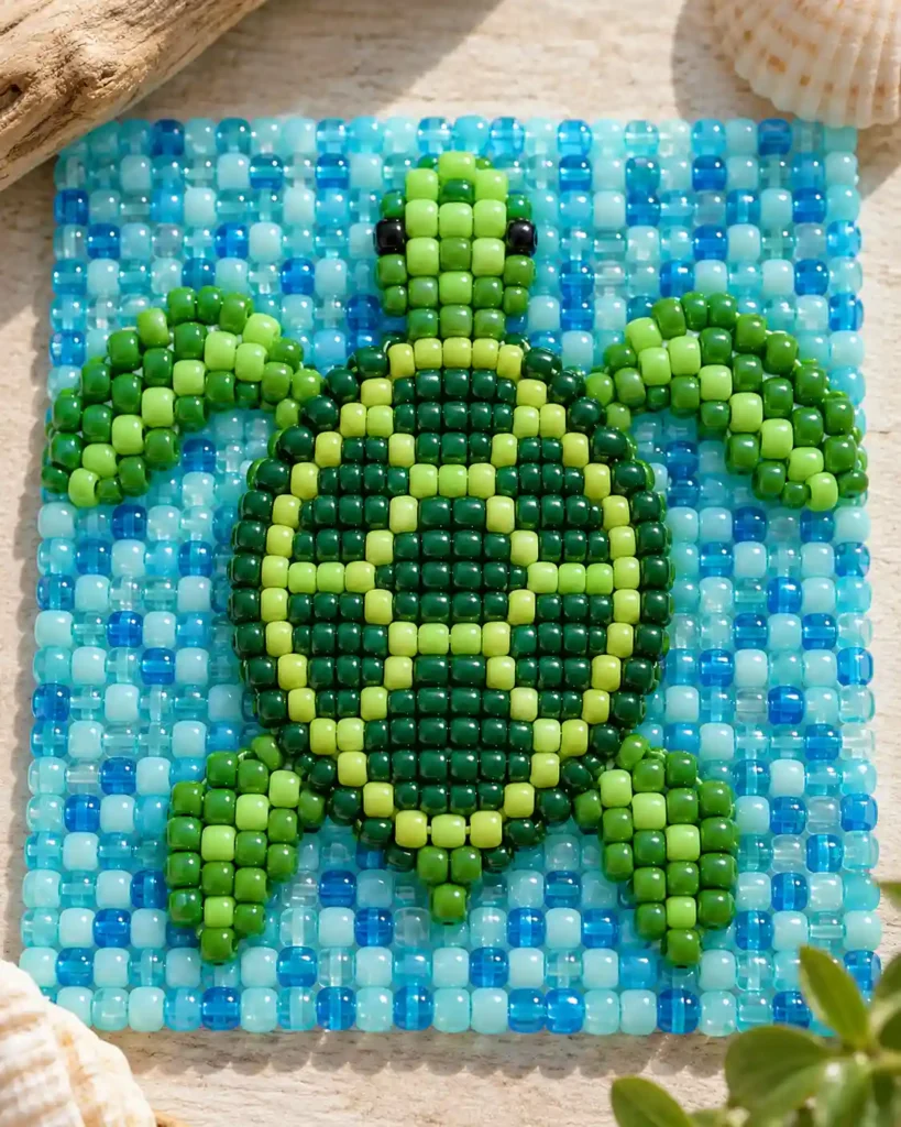 Handmade pony bead tapestry showing green turtle on aquatic field in a flat pixel-grid panel.