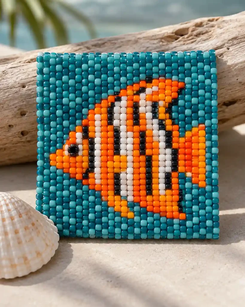 Handmade pony bead tapestry showing striped orange fish silhouette in a flat pixel-grid panel.