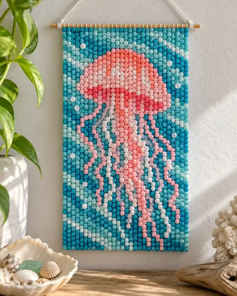 Handmade pony bead tapestry showing floating jellyfish with separated tentacles in a flat pixel-grid panel.