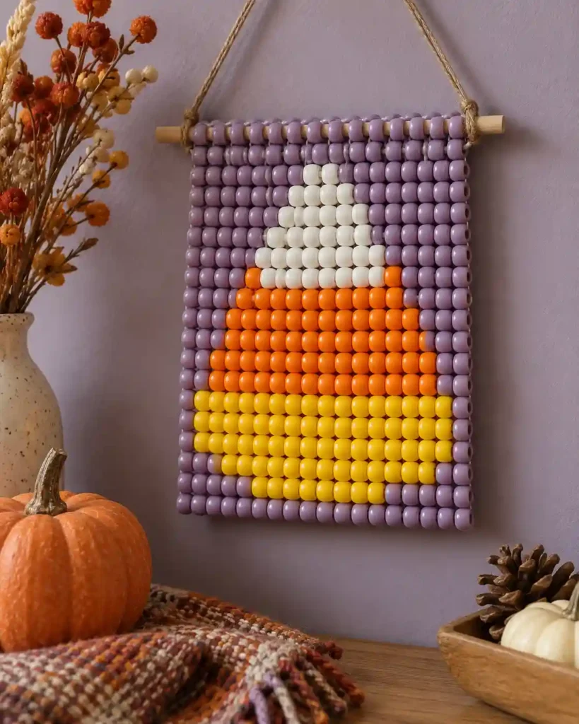 Handmade pony bead tapestry showing tri-color candy corn icon in a flat pixel-grid panel.