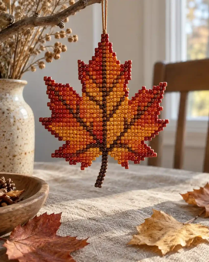 Handmade pony bead tapestry showing warm autumn leaf silhouette in a flat pixel-grid panel.