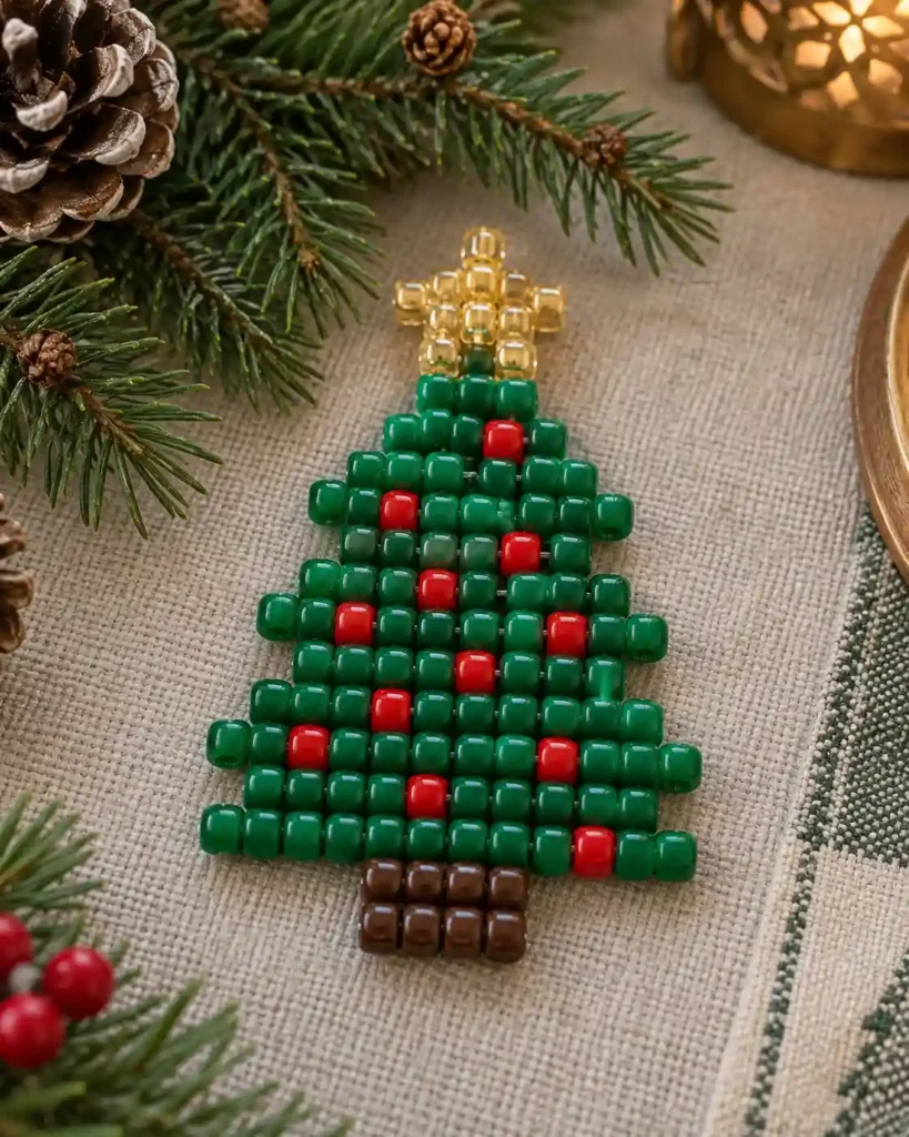 Handmade pony bead tapestry showing layered tree with tiny ornaments in a flat pixel-grid panel.
