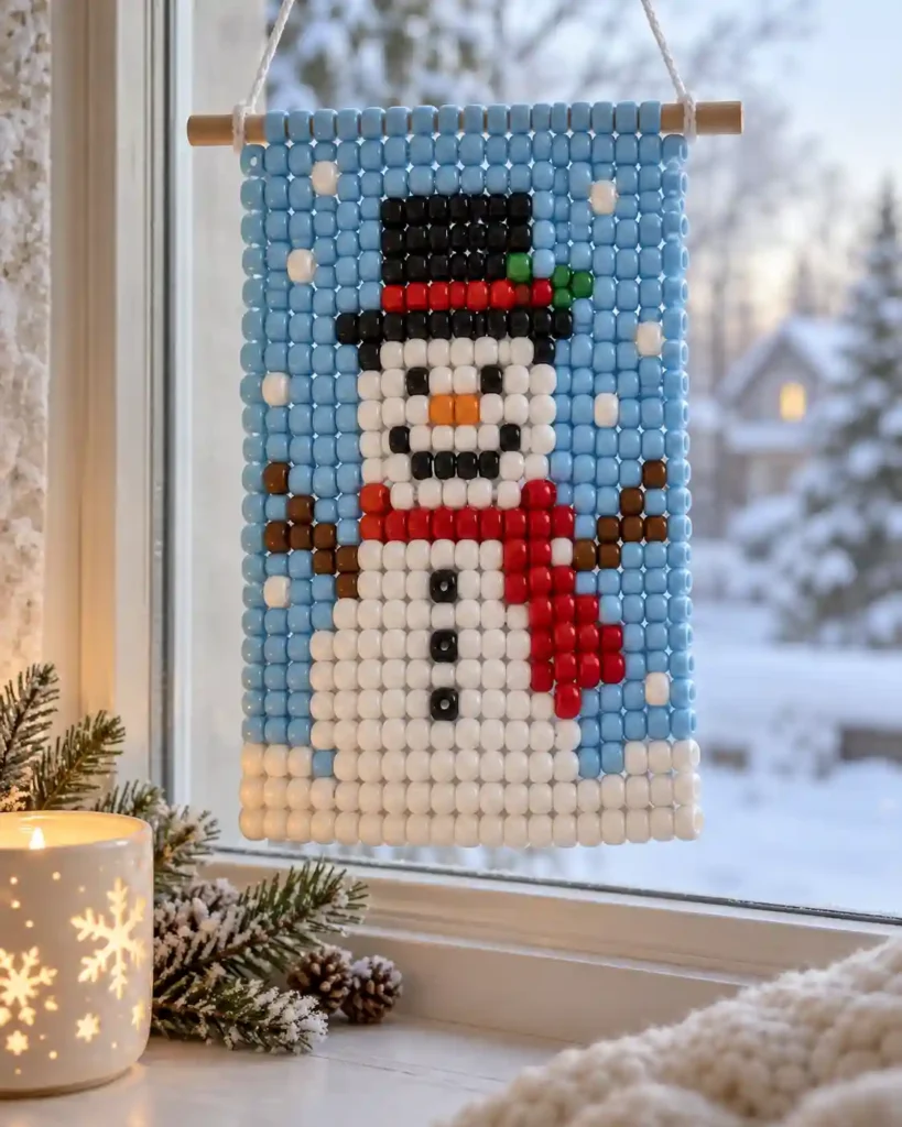 Handmade pony bead tapestry showing snowman on icy blue grid in a flat pixel-grid panel.