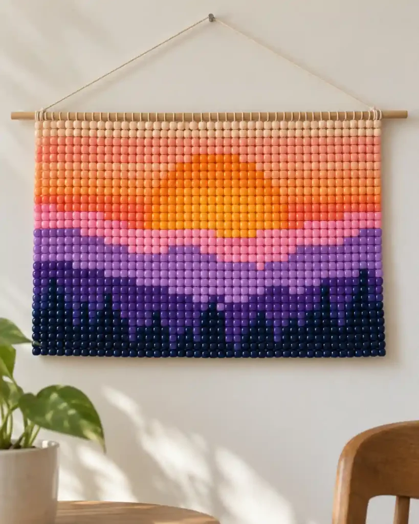 Handmade pony bead tapestry showing sunset with layered horizon bands in a flat pixel-grid panel.