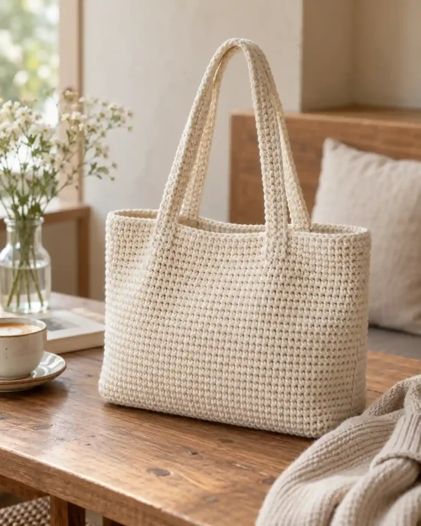 Minimalist cream Korean crochet tote bag with shoulder straps hanging on an oak chair in a bright cafe