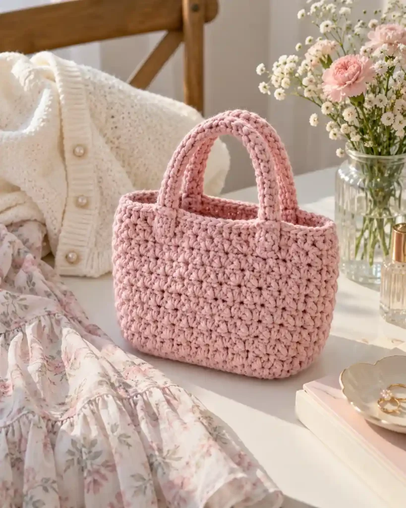 Minimalist cream Korean crochet tote bag with shoulder straps hanging on an oak chair in a bright cafe