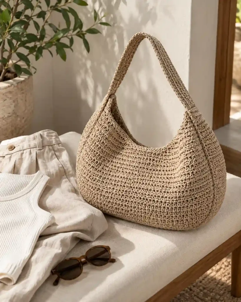Woman seen from behind carrying an oatmeal crescent crochet tote on her shoulder with linen trousers