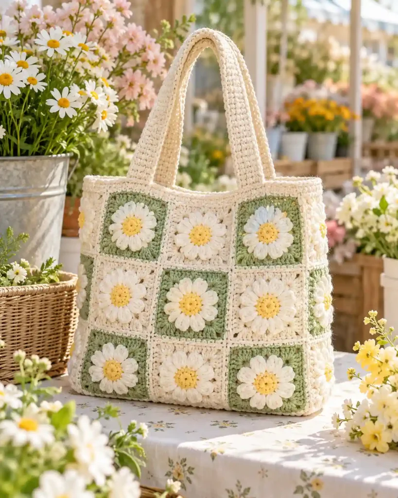 Daisy granny-square crochet tote bag in cream, pale yellow and sage green resting on a crate with fresh daisies