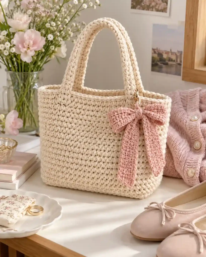 Cream crochet tote bag with a small removable ribbon bow hanging from a brass door handle