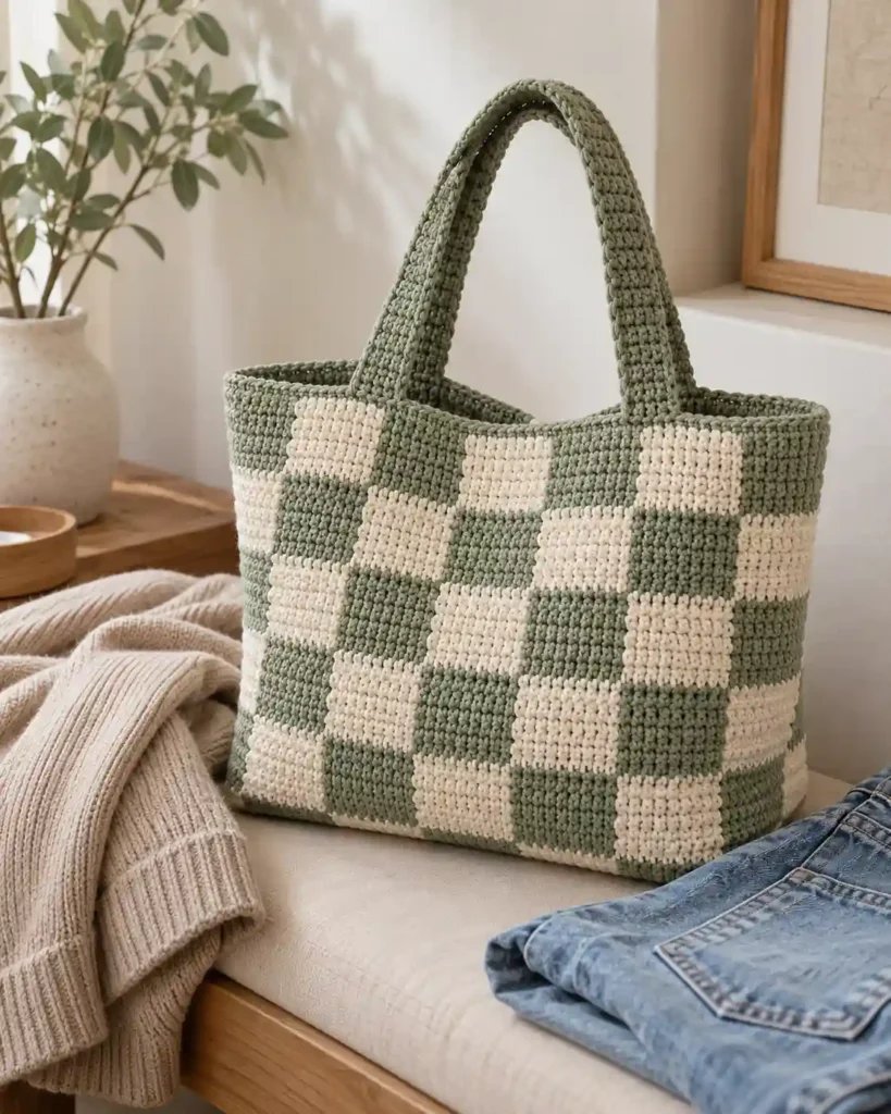 Sage green and cream checkerboard crochet tote bag on a wooden park bench