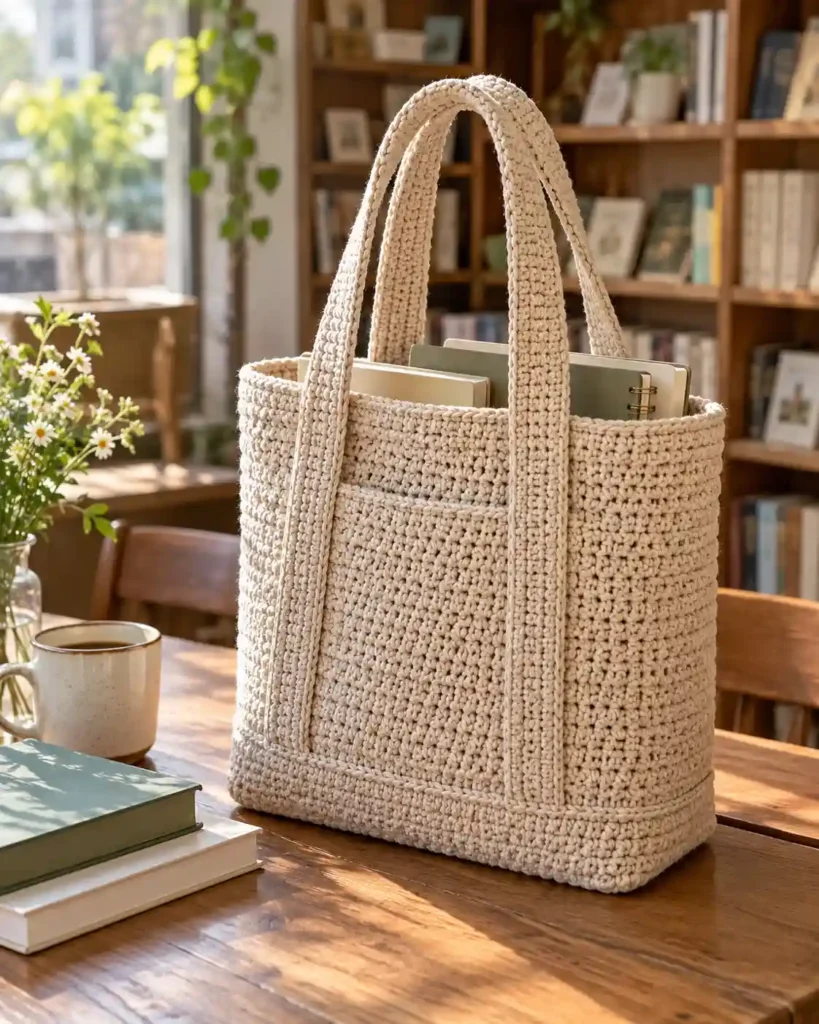 Tall beige crochet book tote with paperbacks and a notebook on a pale wood library table