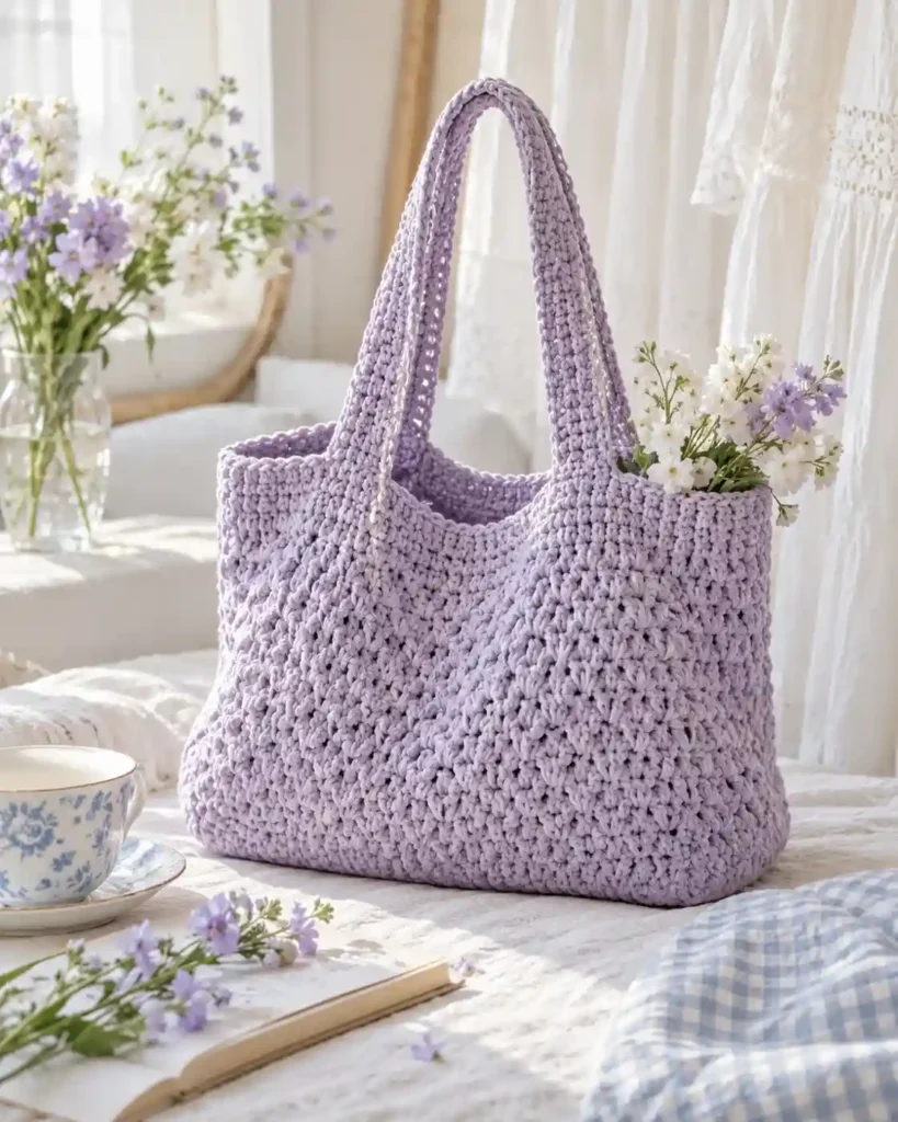 Dusty lavender crochet tote bag with a cream border held by a woman in a white dress in a spring garden