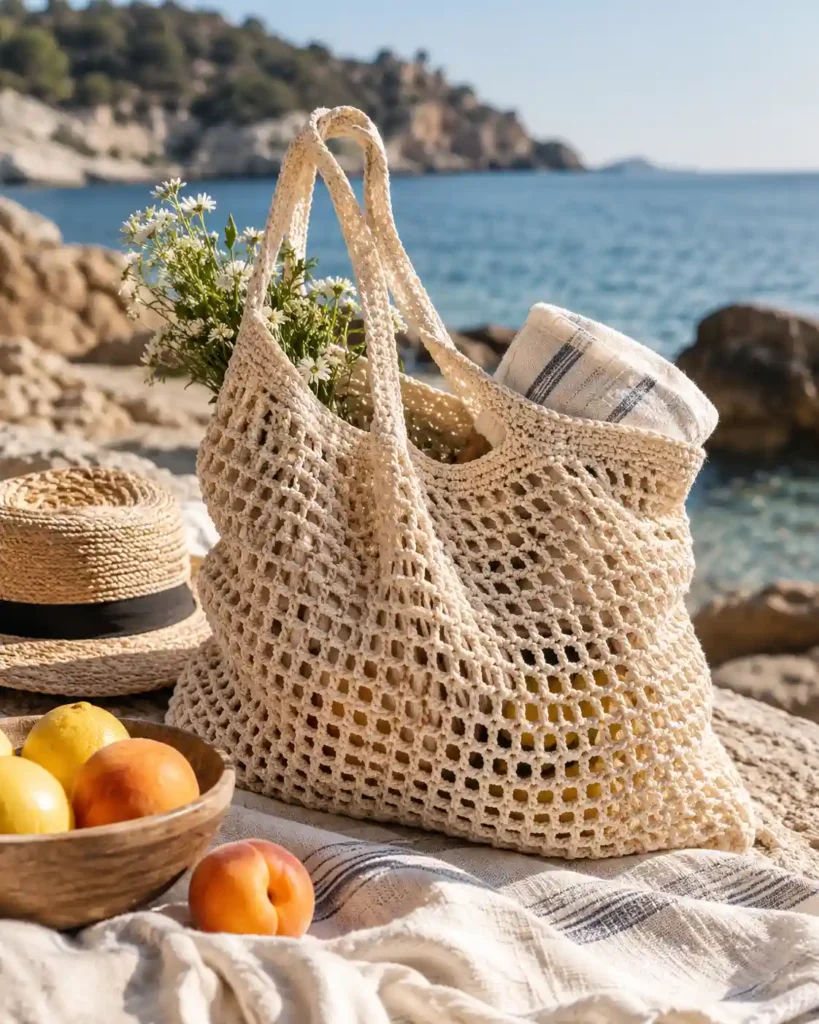 Natural-colored mesh crochet tote bag with lemons and bread on a farmers' market table