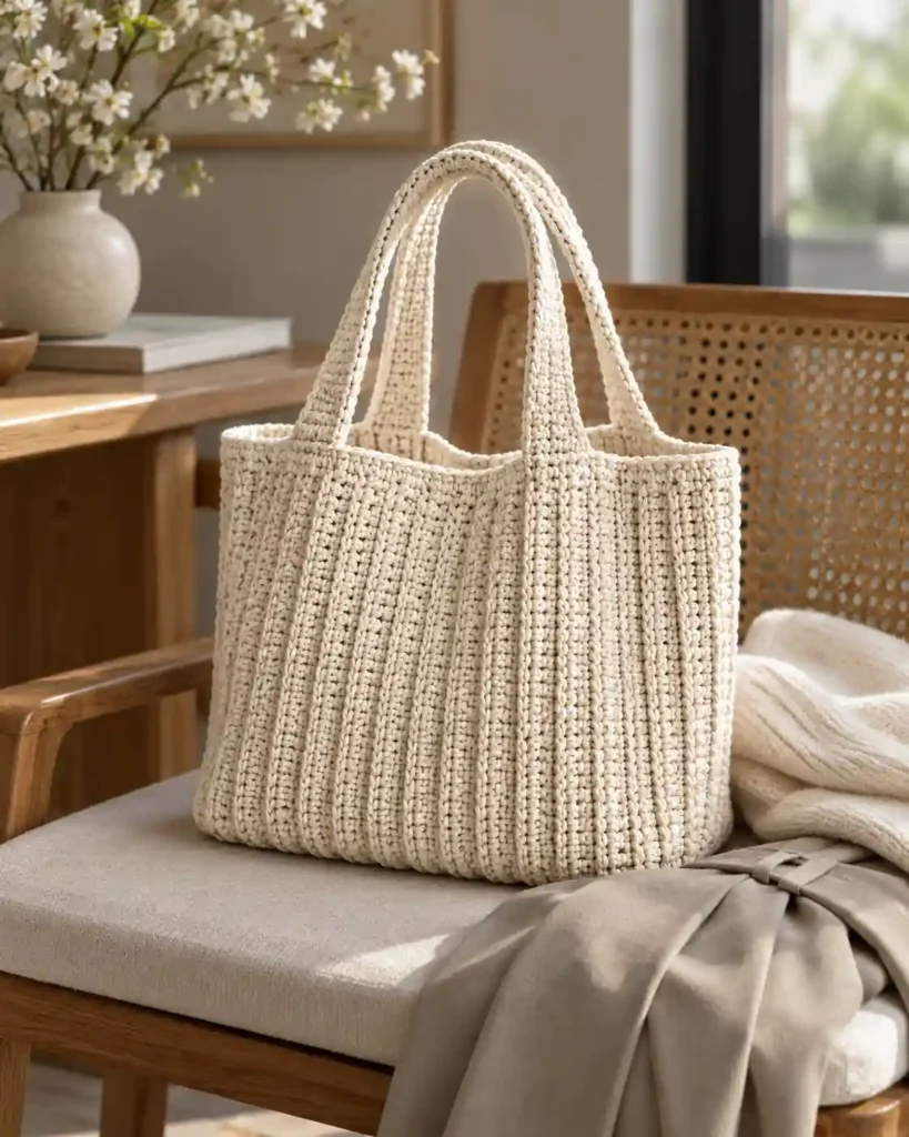 Ivory ribbed crochet tote bag with raised vertical ridges on a white marble table