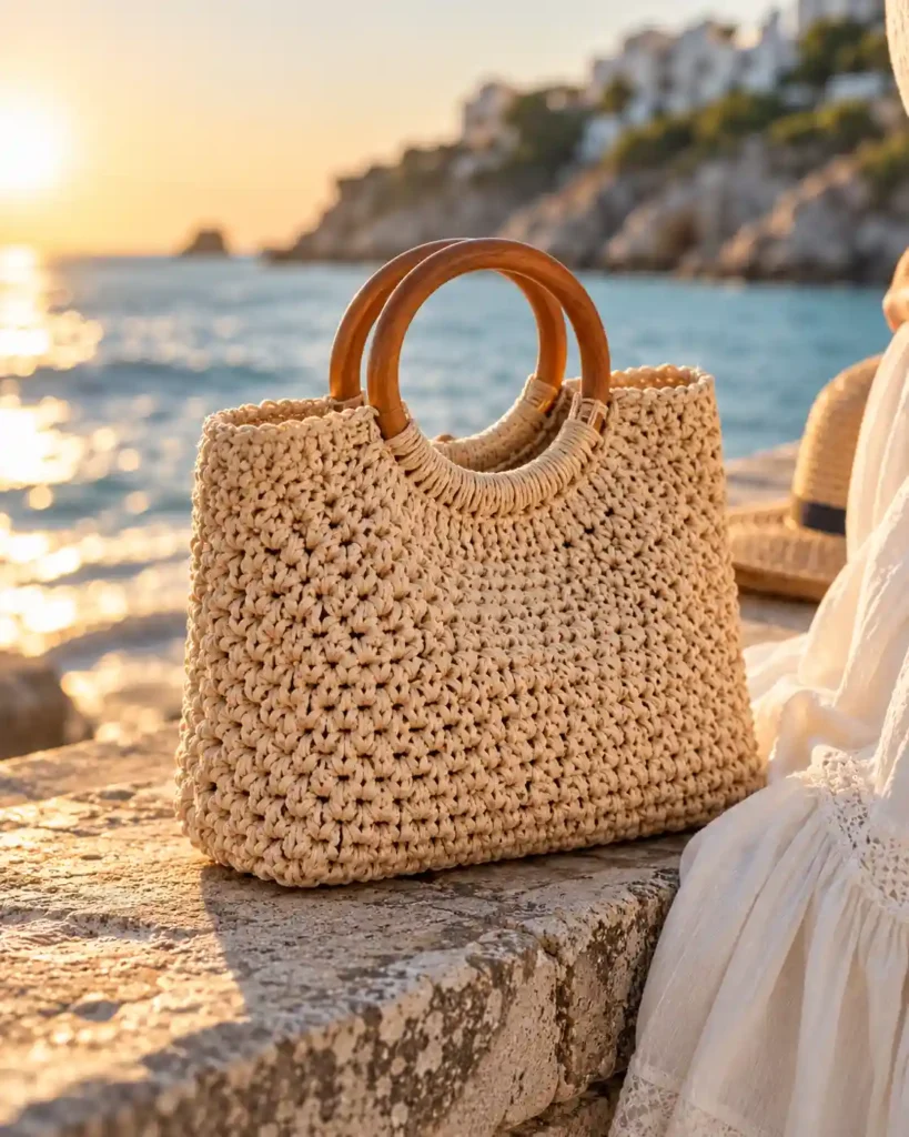 Beige woven-look crochet tote bag with wooden handles on a stone ledge by the sea at golden hour
