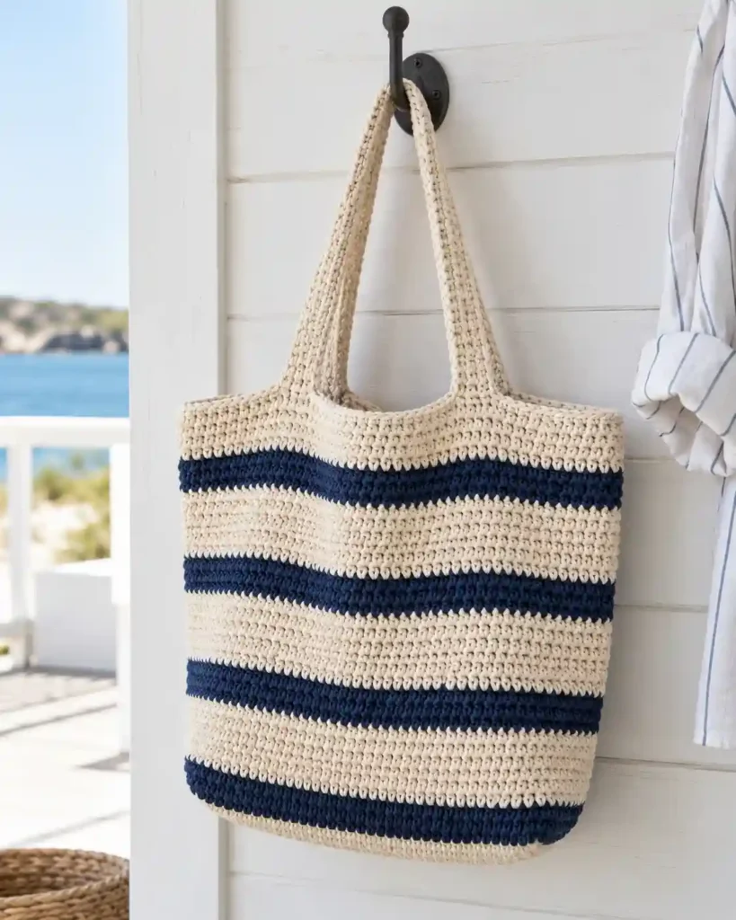 Navy and cream striped Korean crochet tote bag hanging on a white wall hook