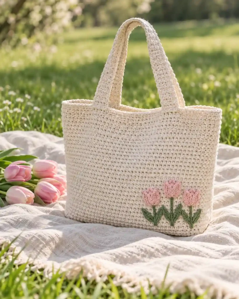Cream crochet tote bag with pale pink tulip appliques on a picnic blanket with real tulips
