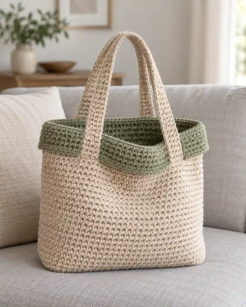 Reversible crochet tote bag with an oatmeal outside and a sage green reverse side on a grey linen sofa